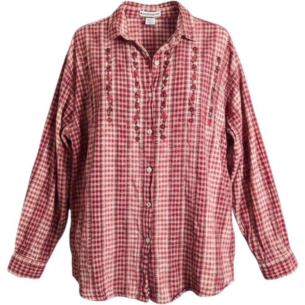 Maggie & Max Shirt XL Red Gingham Floral Embroidered Farmhouse Country Vtg Fall
